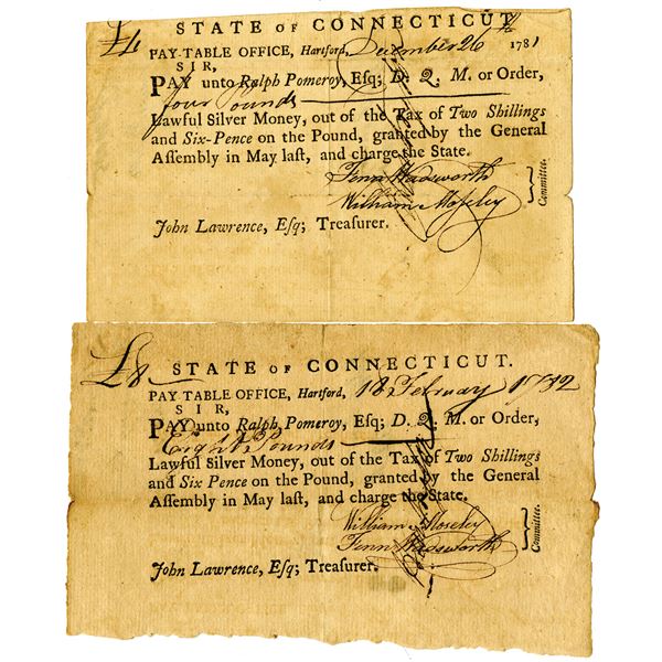 State of Connecticut, Pay-Table Office, 1781-82 Tax Pair Signed by Fenn Wadsworth and William Mosele