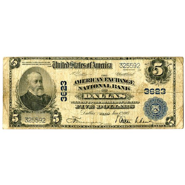 Texas. American Exchange National Bank of Dallas, $5 1902 PB, CH# 3623 National Currency