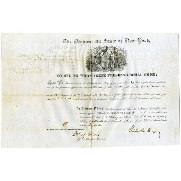 New York State Militia Appointment Certificate Signed by Washington Hunt, 1851