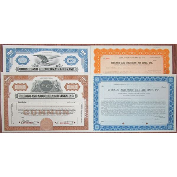 Chicago and Southern Air Lines, Inc, 1930s-1950s Collection of Specimen Aviation Stock Certificates