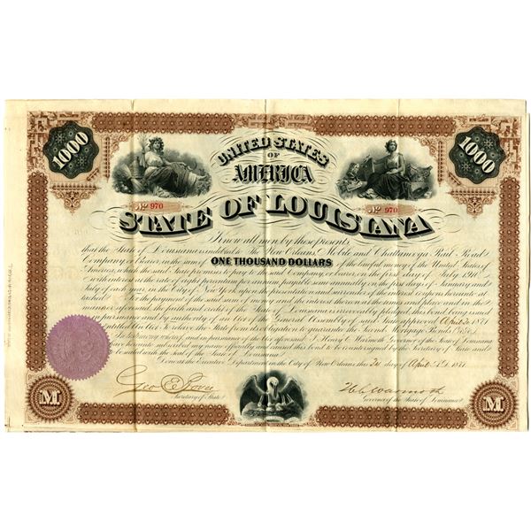 State of Louisiana, 1871 Issued Bond Signed by Governor Henry C. Warmoth