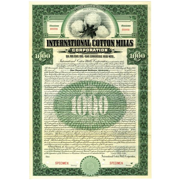 International Cotton Mills Corp. 1911 Specimen Bond