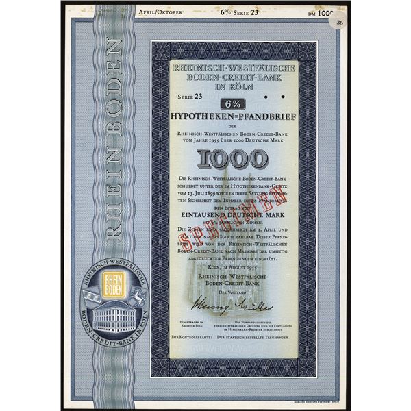 Rheinisch-Westfalische Boden-Credit-Bank in Koln 1955 Specimen Bond.