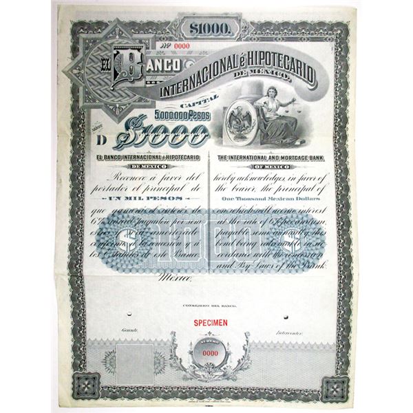 Banco Internacional e Hipotecario, De Mexico, Series D, 1905, 1000 Pesos Specimen Bond