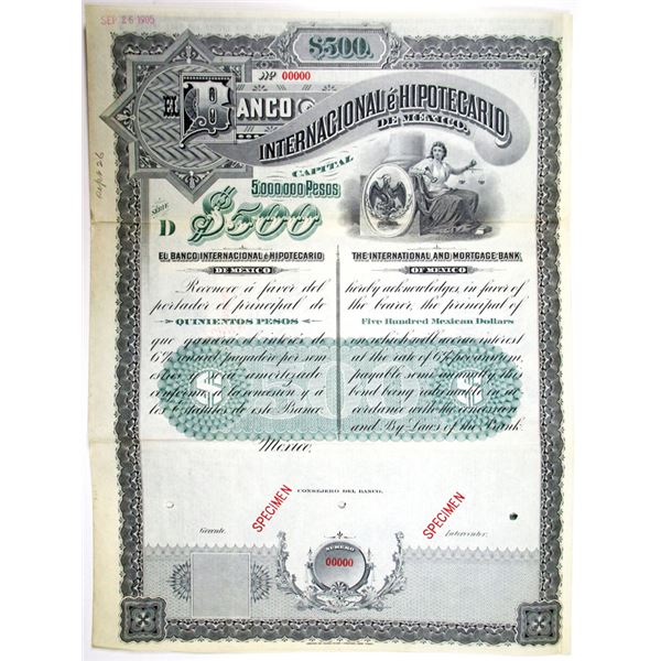 Banco Internacional e Hipotecario, De Mexico, Series D, 1905, 500 Pesos Specimen Bond
