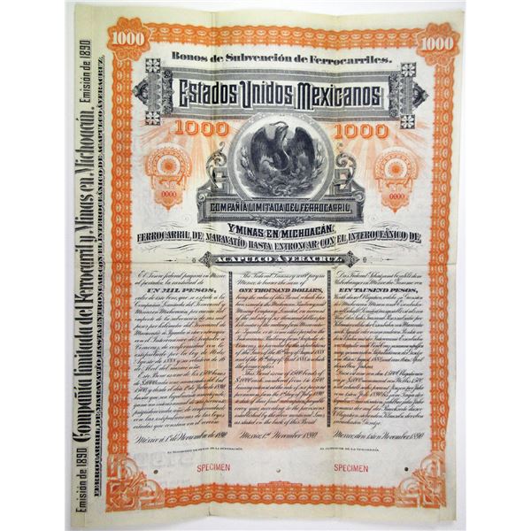 Ferrocarril Y Minas En Michoac‡n, Acapulco a Veracruz, 1890 Specimen Bond Rarity