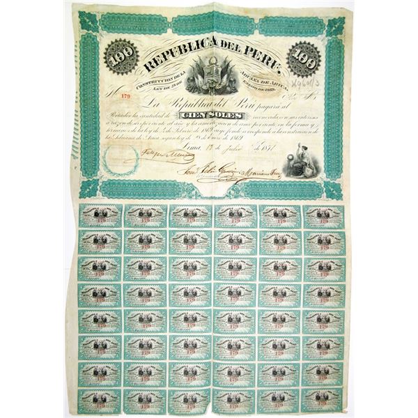 Republica del Peru, Construccion De La Aduana De Arica, 1871, I/U Bond