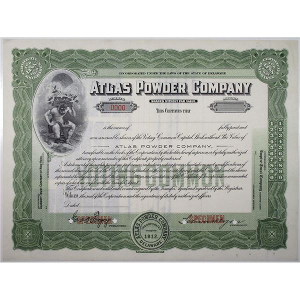 Atlas Powder Co., 1912 Specimen Stock Certificate