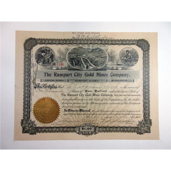 Rampart City Gold Mines Co., 1905 Issued Alaska Mining Stock Certificate.