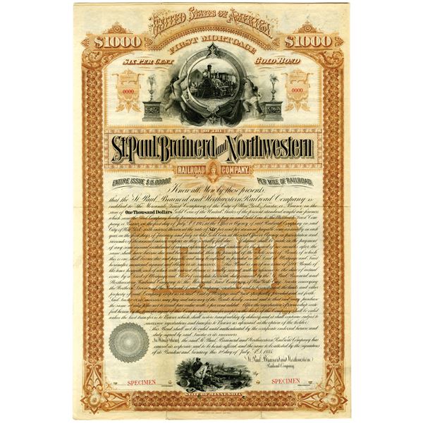 St. Paul, Brainerd and Northwestern Railroad Co. 1885 Specimen Bond Rarity