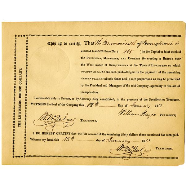 Lewisburg Bridge Co. 1818 Issued Stock Certificate