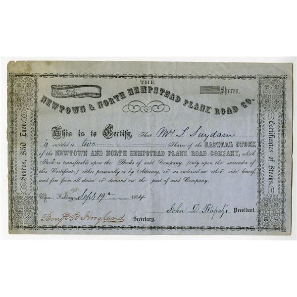 Newtown & North Hempstead Plank Road Co. 1854 Issued Stock Certificate