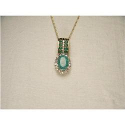 14K YG Gold Filigree Emerald Diamond Necklace #2313711