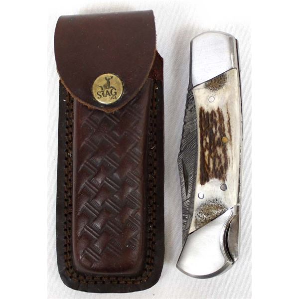 Stag USA Damascus Blade Hunters Knife w/Case