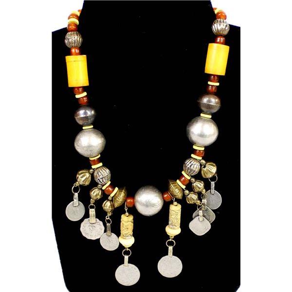 European Coin, African and Greek Bead Necklace