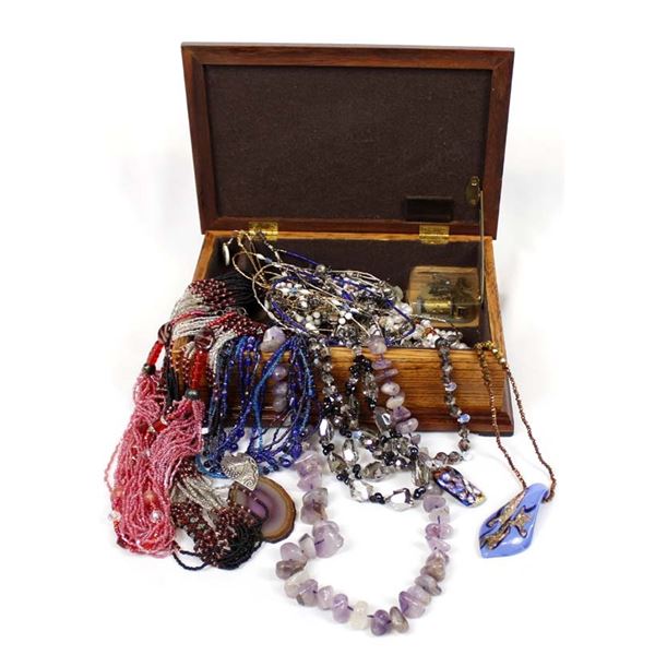 Wood Jewelry Music Box with Beaded Necklaces