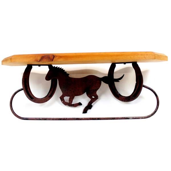 Pine Wood Cast Iron Horse & Horse Shoe Towel Rack