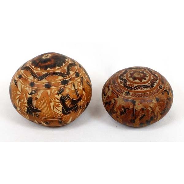 2 Carved and Hand Painted Gourds