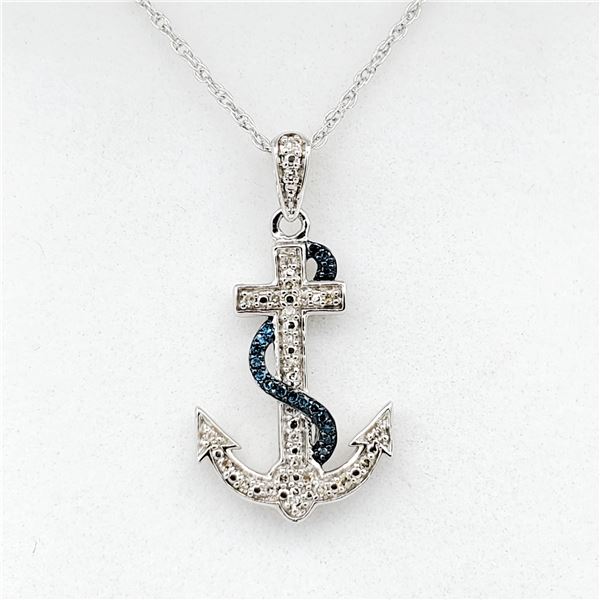 Sterling Silver Blue & White Diamond "Anchor" Pendant