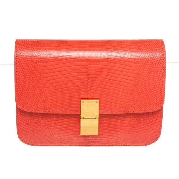 Celine Orange Lizard Skin Leather Medium Box Shoulder Bag