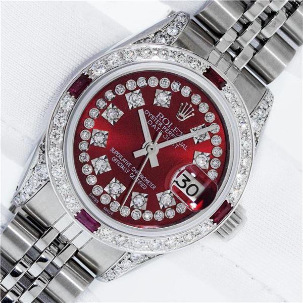 Rolex Ladies Stainless Steel 26MM Red Diamond Lugs 26MM Datejust Wristwatch With