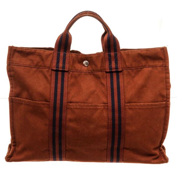 Hermes Brown Canvas Leather Herline GM Tote Bag