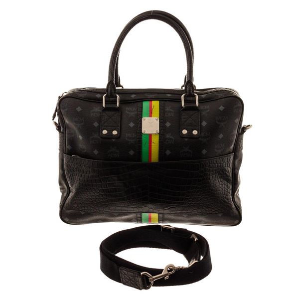 MCM Black Canvas Leather Boston Bag