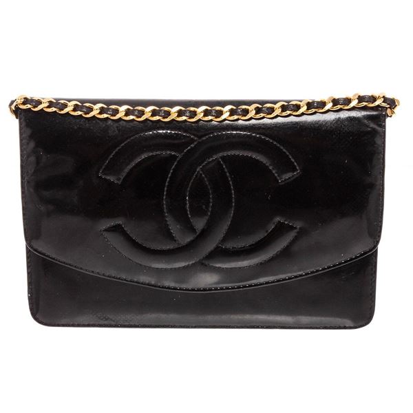 Chanel Vintage Black Patent Leather Timeless WOC Wallet On Chain Bag