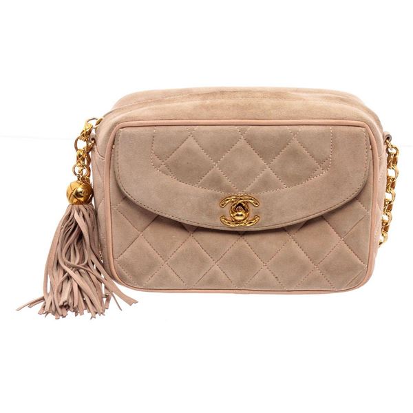 Chanel Beige Quilted Suede Small Tassel Camera Bag