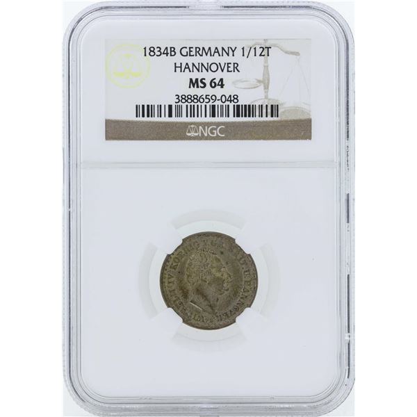 1834B Germany 1/12 Thaler Hanover Coin NGC MS64