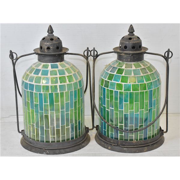 PAIR OF GLASS MOSAIC TEA LIGHT LANTERNS