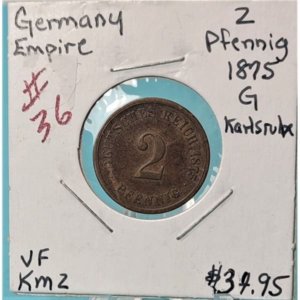 24)  GERMAN 1875 2 PFENNIG COIN.