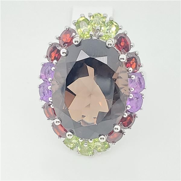 EC129-112 SILVER SMOKY QUARTZ,PERIDOT(16.3CT) RING