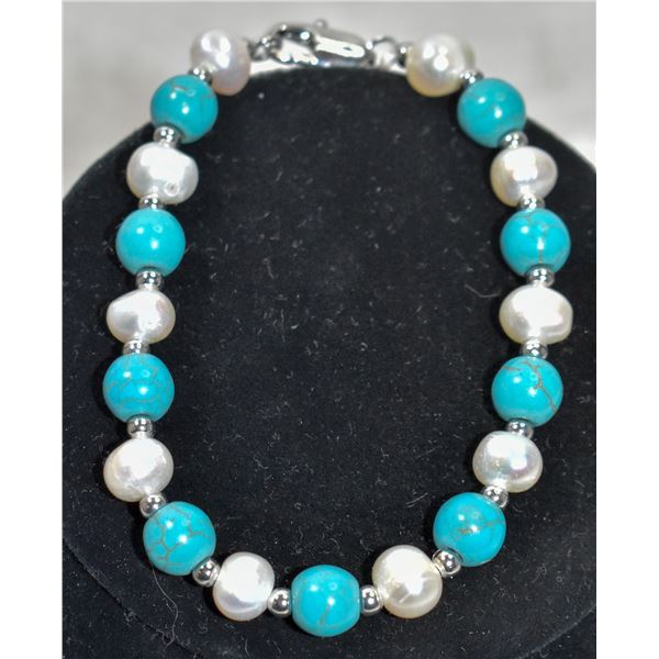 #14-FRESH WATER PEARL/BLUE TOURQUOISE BRACELET