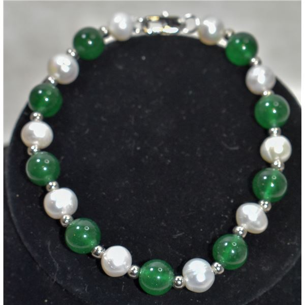 #337-FRESH WATER PEARL & GREEN EMERALD BRACELET 7.