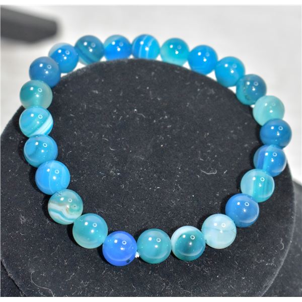 #381-NATURAL BLUE TRIPLE AGATE BEAD BRACELET 7.5"