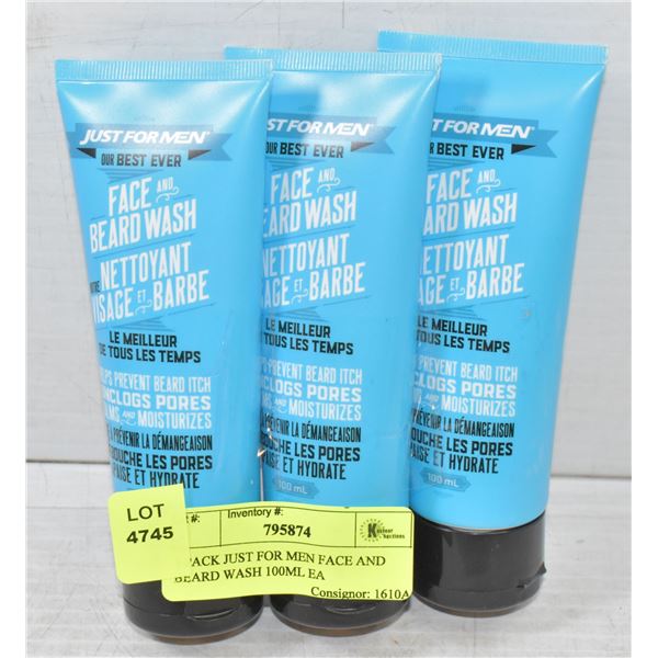 3 PACK JUST FOR MEN FACE AND BEARD WASH 100ML EA