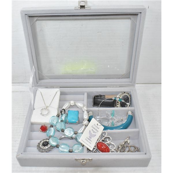 GREY BOX FULL OF JEWELRY