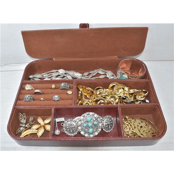 BROWN BOX FULL OF FANCY JEWELRY