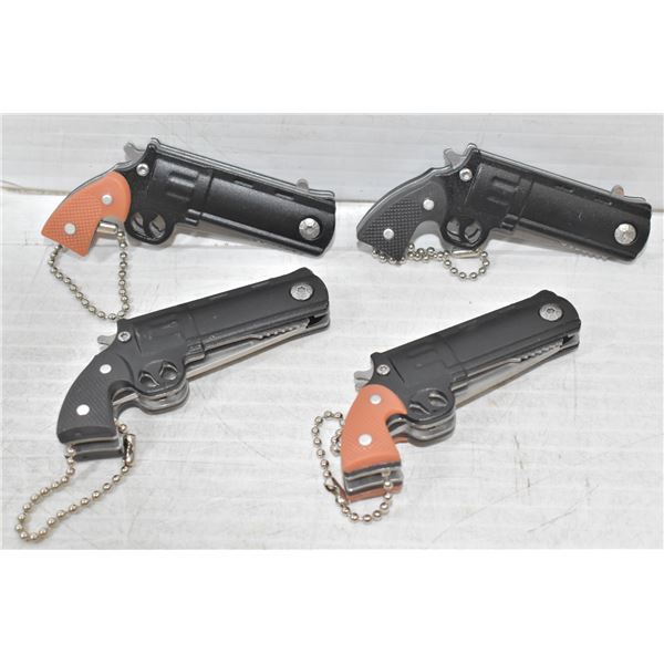 4 MINI REVOLVER FOLDING KNIVES - 2 BLACK, 2 BROWN