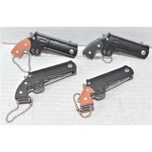 4 MINI REVOLVER FOLDING KNIVES - 2 BLACK, 2 BROWN