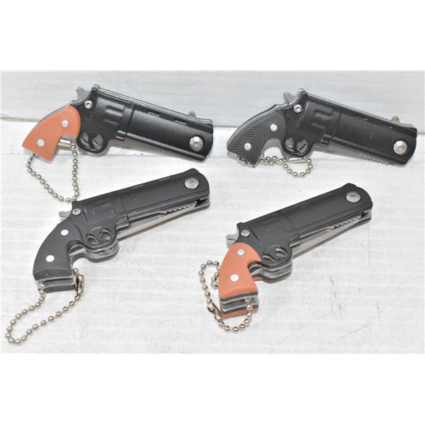4 MINI REVOLVER FOLDING KNIVES - 2 BLACK, 2 BROWN