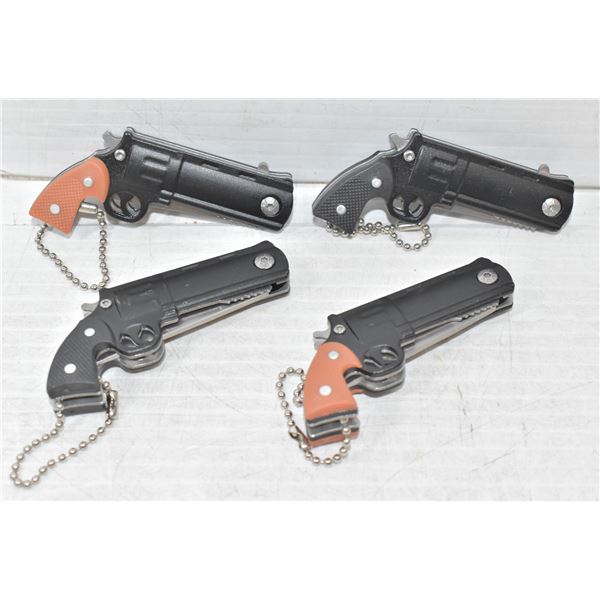 4 MINI REVOLVER FOLDING KNIVES - 2 BLACK, 2 BROWN