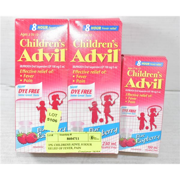 3PK CHILDRENS ADVIL 8 HOUR RELIEF OF FEVER, PAIN