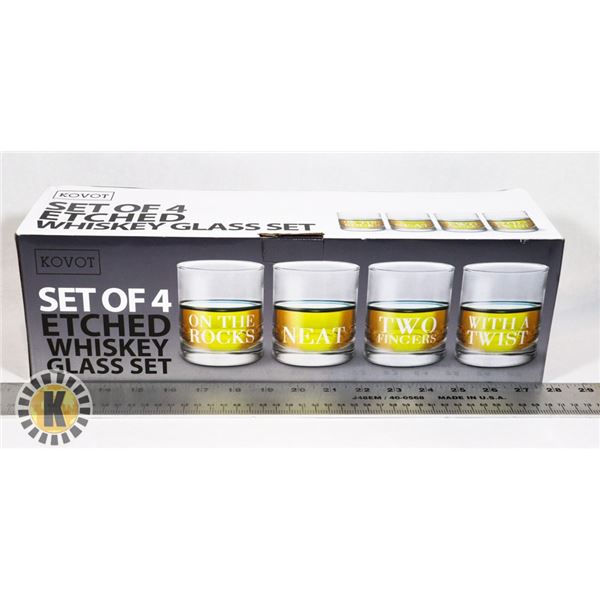 NEW SET OF 4 ETCHED WHISKEY GLASS SET