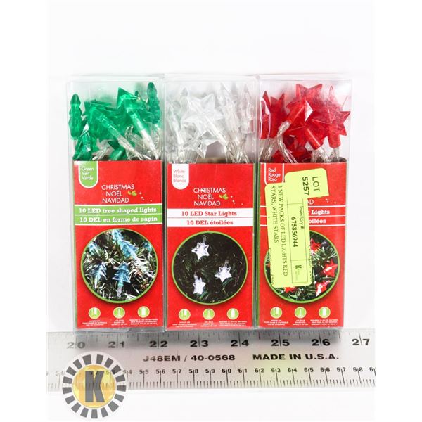 3 NEW PACKS OF LED LIGHTS RED STARS, WHITE STARS
