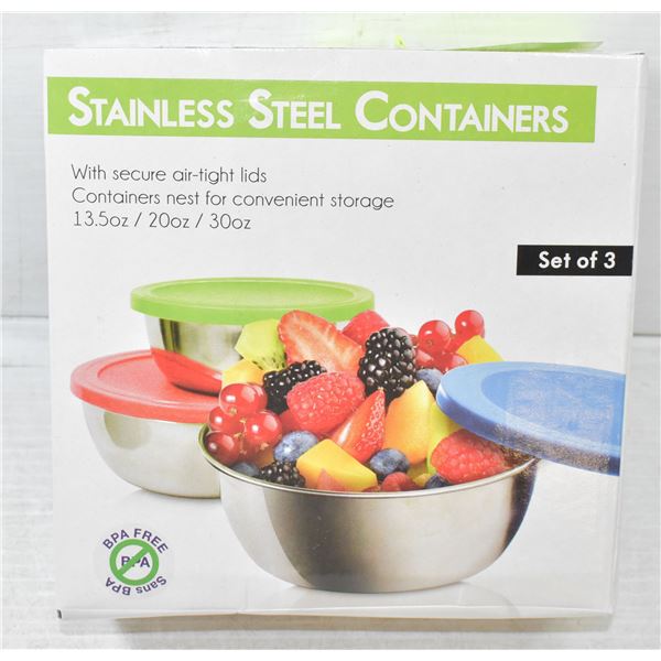 SET OF 3 STAINLESS STEEL STORAGE CONTAINERS WITH