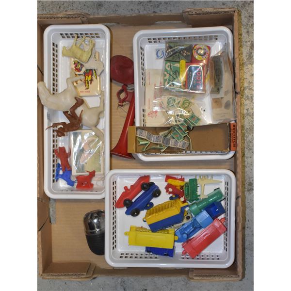 FLAT OF ASSORTED NOSTALGIC TOYS, VINTAGE TICKETS