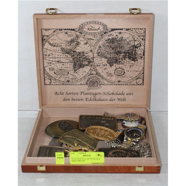 WOOD BOX FULL OF BUCKLES & MENS JEWELRY