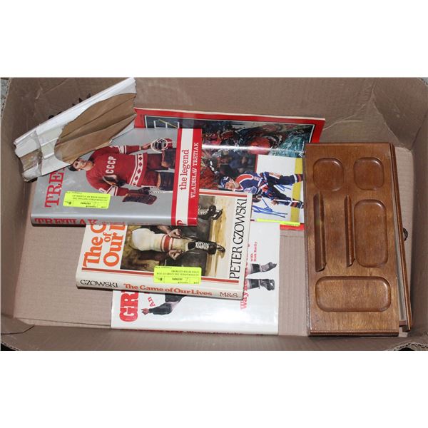 BOX OF BOOKS/ORGANIZERS AND MORE